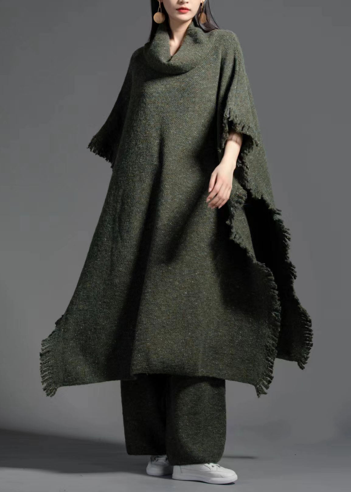 Plus Size Green Turtle Neck Side Open Wool Knit Dress Winter LY0021