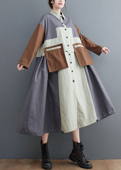 Plus Size Grey Oversized Patchwork Cotton Shirt Dress Spring LY1548