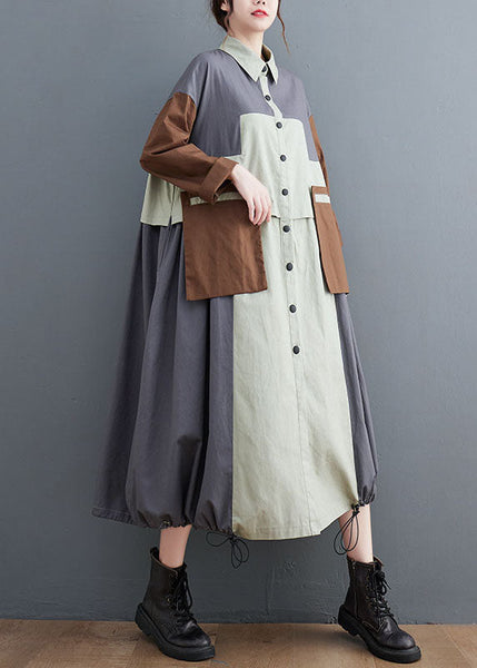 Plus Size Grey Oversized Patchwork Cotton Shirt Dress Spring LY1548