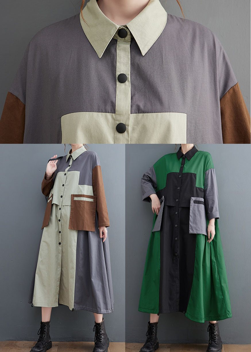 Plus Size Grey Oversized Patchwork Cotton Shirt Dress Spring LY1548