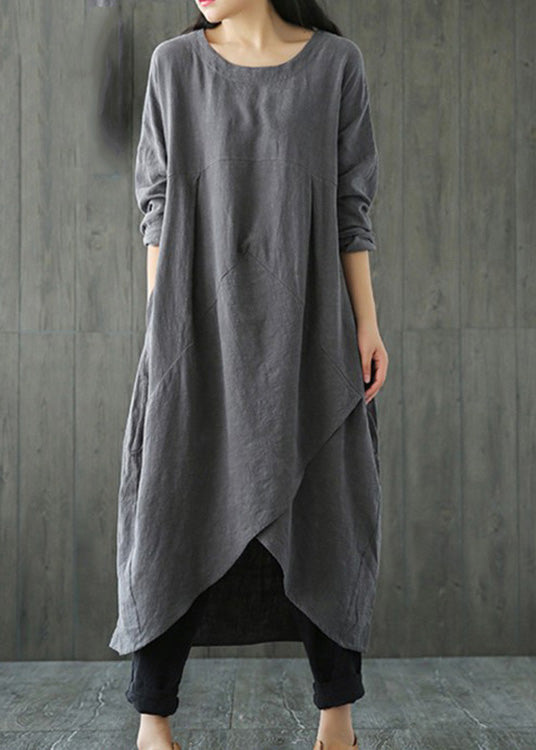 Plus Size Grey Patchwork Linen Long Dresses Spring LC0010