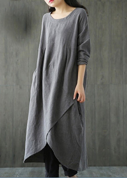 Plus Size Grey Patchwork Linen Long Dresses Spring LC0010