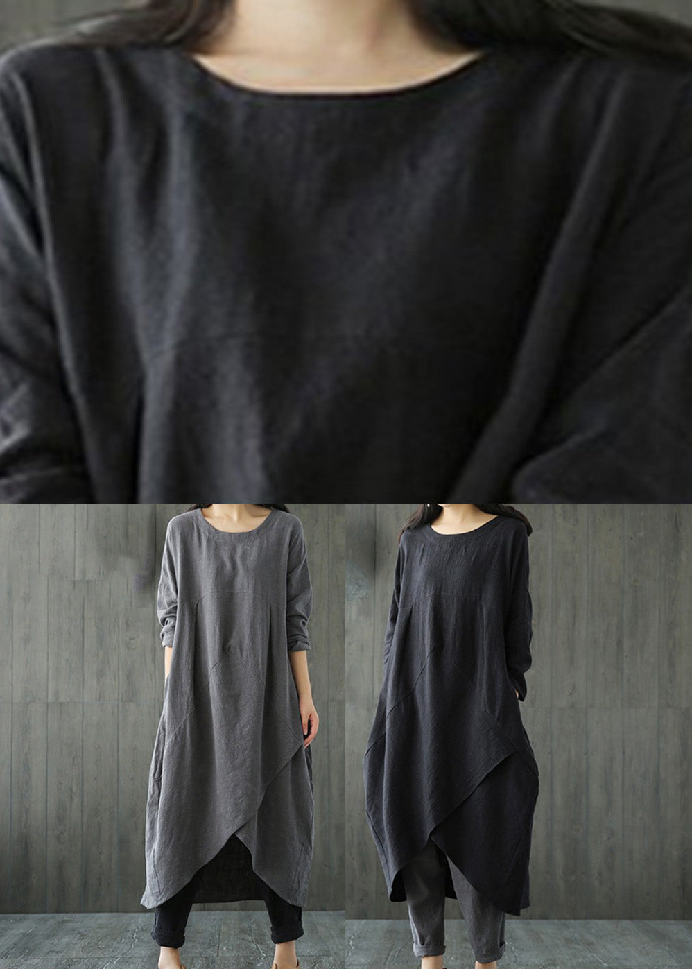 Plus Size Grey Patchwork Linen Long Dresses Spring LC0010