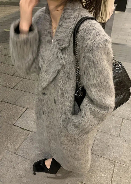 Plus Size Grey Peter Pan Collar Pockets Patchwork Ma Hai Mao Coat Winter Ada Fashion