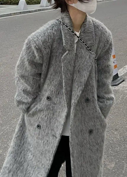 Plus Size Grey Peter Pan Collar Pockets Patchwork Ma Hai Mao Coat Winter Ada Fashion