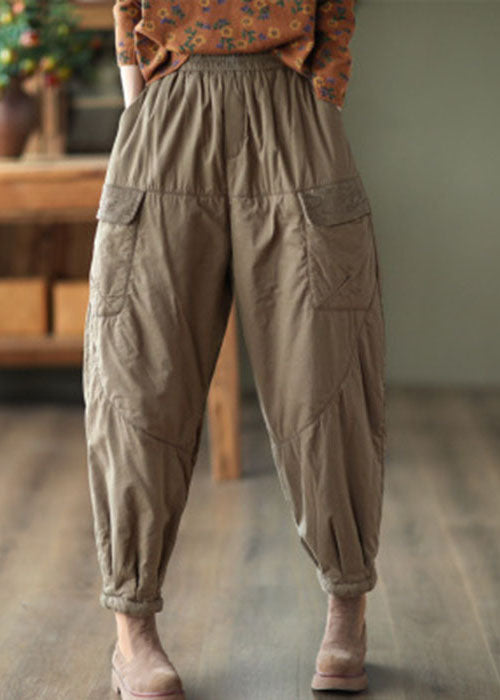 Plus Size Khaki Elastic Waist Patchwork Fine Cotton Filled Harem Pants Winter TG1040