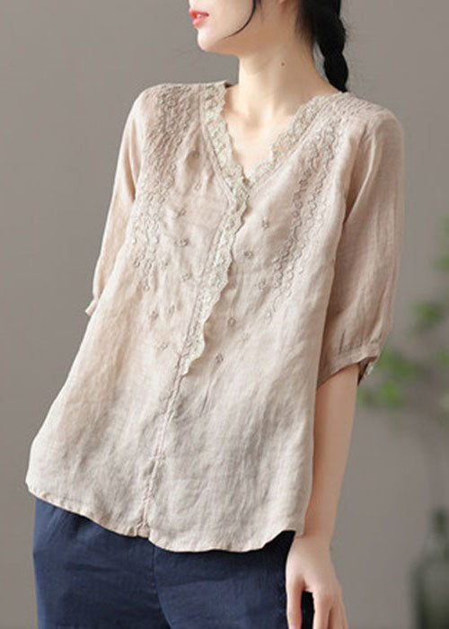 Plus Size Khaki Embroideried Lace Patchwork Linen Shirt Half Sleeve TG1044