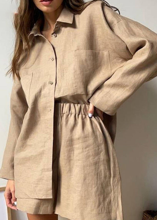 Plus Size Khaki Peter Pan Collar Shirt And Shorts Two Piece Set Spring LY1942