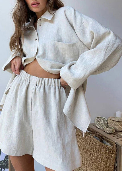 Plus Size Khaki Peter Pan Collar Shirt And Shorts Two Piece Set Spring LY1942