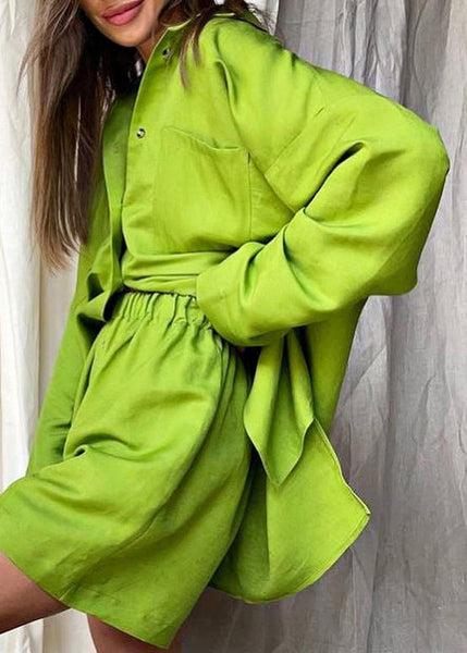 Plus Size Khaki Peter Pan Collar Shirt And Shorts Two Piece Set Spring LY1942