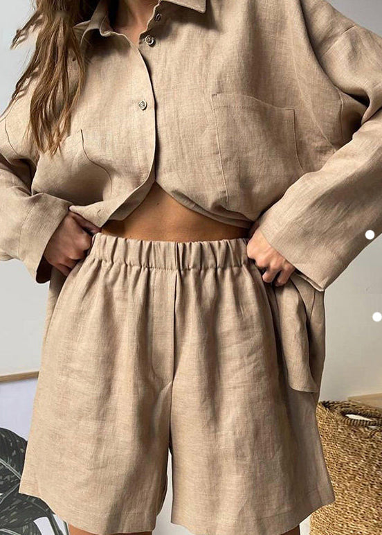Plus Size Khaki Peter Pan Collar Shirt And Shorts Two Piece Set Spring LY1942