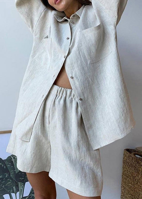 Plus Size Khaki Peter Pan Collar Shirt And Shorts Two Piece Set Spring LY1942