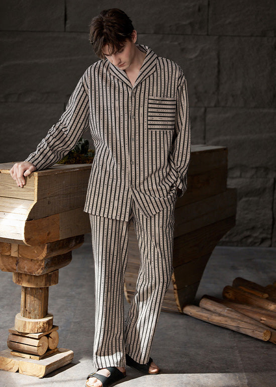 Plus Size Khaki Peter Pan Collar Striped Button Low High Design Cotton Pajamas Two Piece Set Spring TO1051