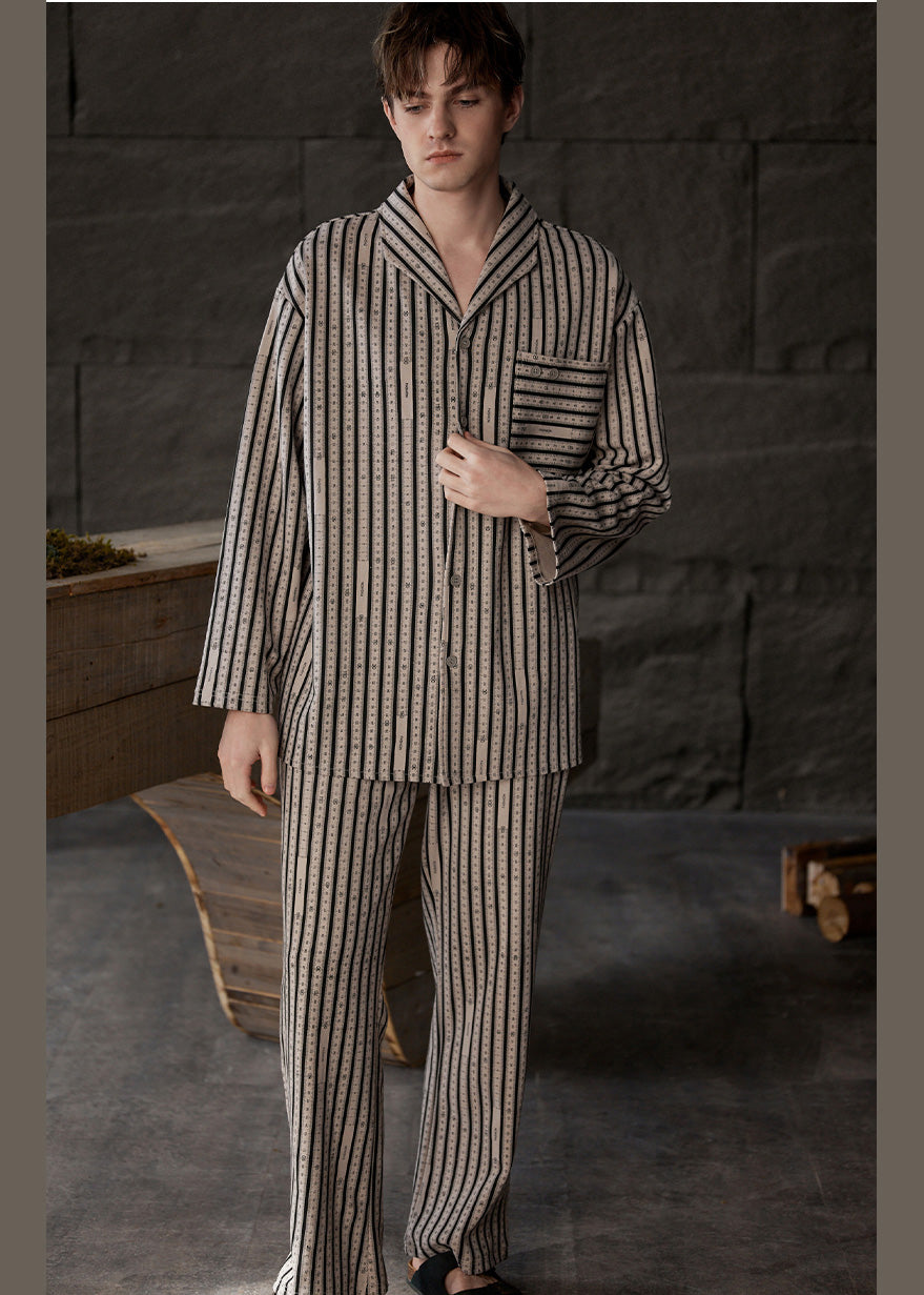 Plus Size Khaki Peter Pan Collar Striped Button Low High Design Cotton Pajamas Two Piece Set Spring LY1918