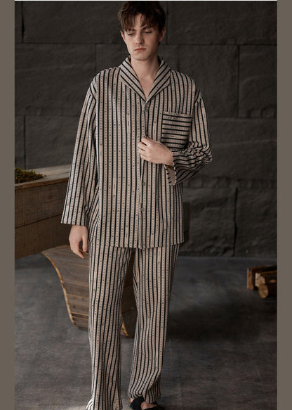 Plus Size Khaki Peter Pan Collar Striped Button Low High Design Cotton Pajamas Two Piece Set Spring LY1918