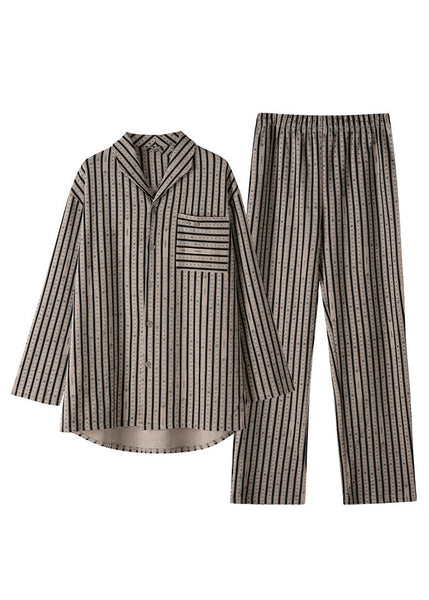 Plus Size Khaki Peter Pan Collar Striped Button Low High Design Cotton Pajamas Two Piece Set Spring LY1918