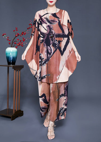 Plus Size Khaki Print Oversized Side Open Silk Two Pieces Set Batwing Sleeve LY0935