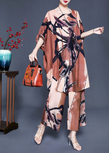 Plus Size Khaki Print Oversized Side Open Silk Two Pieces Set Batwing Sleeve LY0935