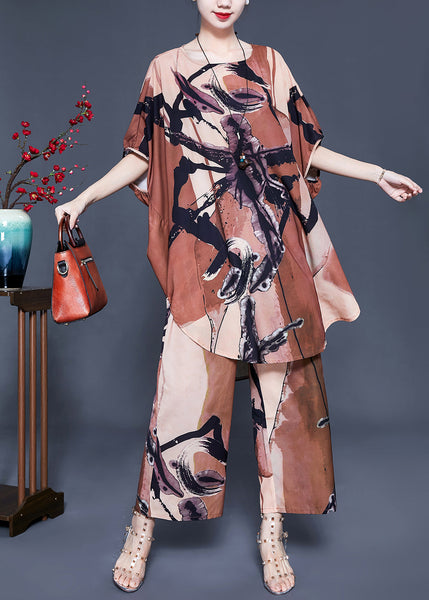 Plus Size Khaki Print Oversized Side Open Silk Two Pieces Set Batwing Sleeve LY0935