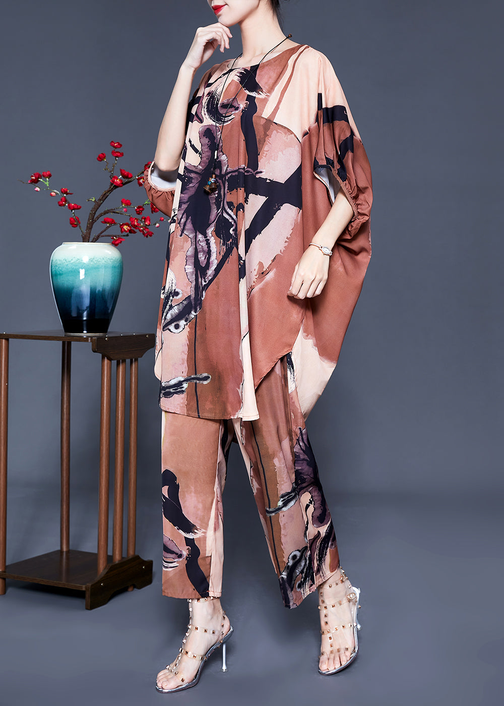 Plus Size Khaki Print Oversized Side Open Silk Two Pieces Set Batwing Sleeve LY0935
