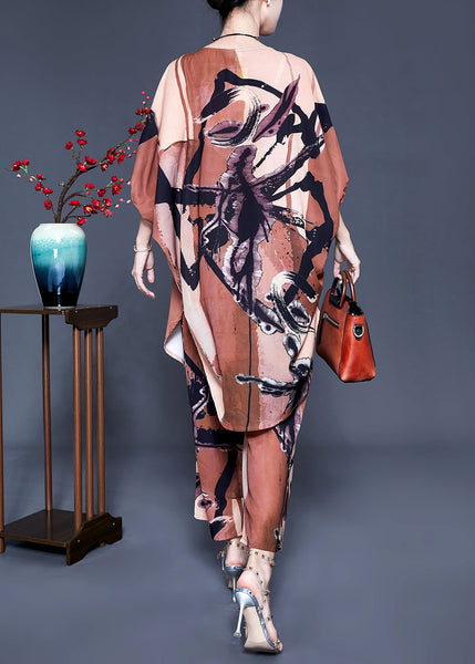 Plus Size Khaki Print Oversized Side Open Silk Two Pieces Set Batwing Sleeve LY0935