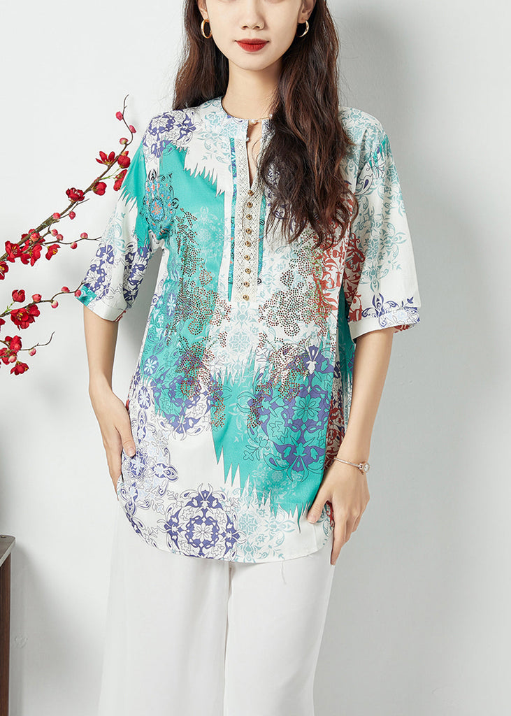 Plus Size Light Blue Oversized Print Nail Bead Shirt Tops Summer LY1127