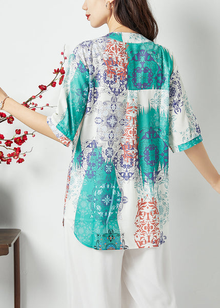 Plus Size Light Blue Oversized Print Nail Bead Shirt Tops Summer LY1127