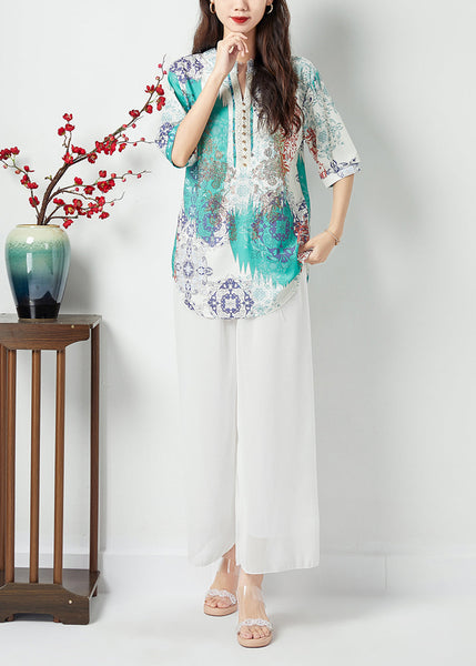 Plus Size Light Blue Oversized Print Nail Bead Shirt Tops Summer LY1127