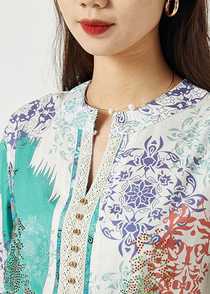 Plus Size Light Blue Oversized Print Nail Bead Shirt Tops Summer LY1127