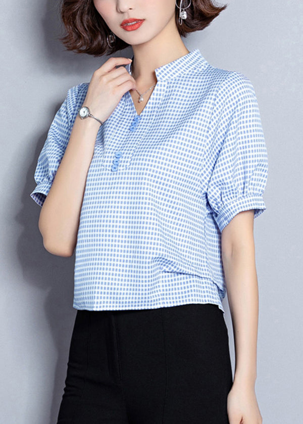 Plus Size Light Blue Plaid Button Chiffon Shirt Top Summer LY0415