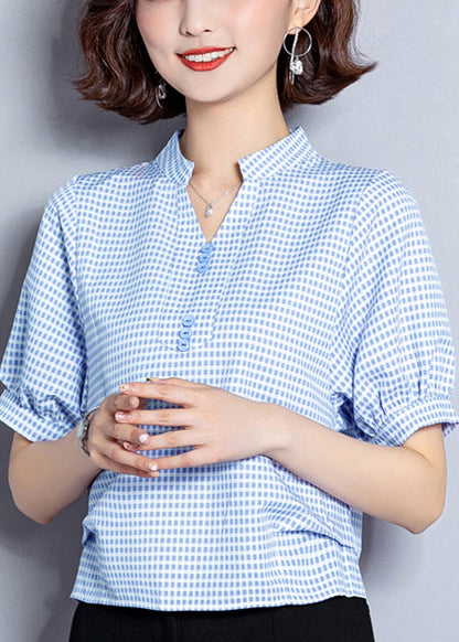 Plus Size Light Blue Plaid Button Chiffon Shirt Top Summer LY0415