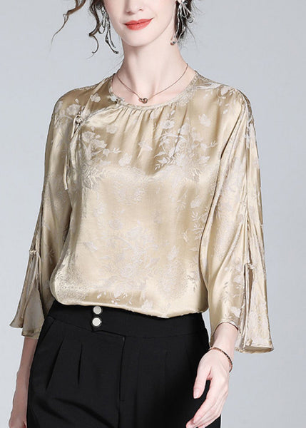 Plus Size Milk Tea Colour O-Neck Button Silk Top Spring LY0101