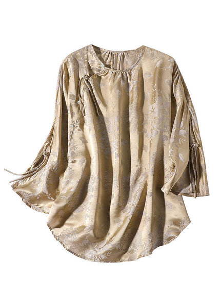 Plus Size Milk Tea Colour O-Neck Button Silk Top Spring LY0101