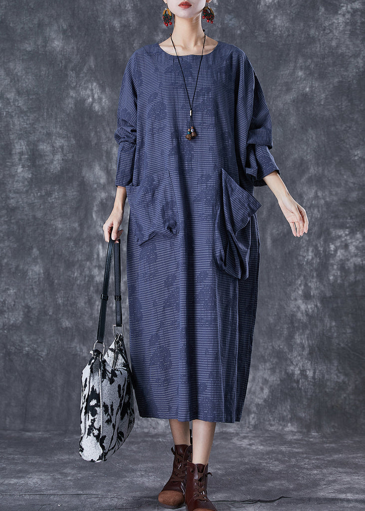 Plus Size Navy Asymmetrical Pockets Striped Linen Gown Dresses Fall TD1017