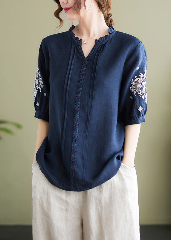 Plus Size Navy Embroideried Patchwork Wrinkled Linen Shirts Summer LY1498