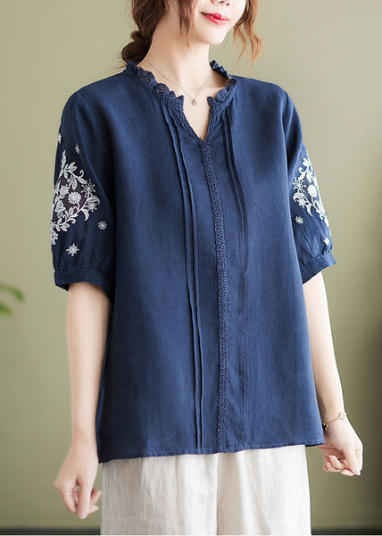 Plus Size Navy Embroideried Patchwork Wrinkled Linen Shirts Summer LY1498
