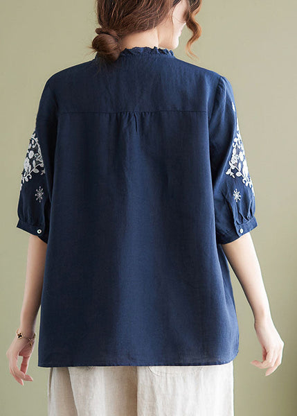Plus Size Navy Embroideried Patchwork Wrinkled Linen Shirts Summer LY1498