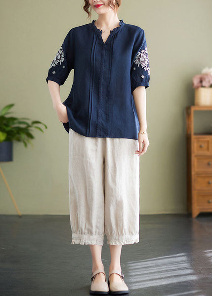 Plus Size Navy Embroideried Patchwork Wrinkled Linen Shirts Summer LY1498
