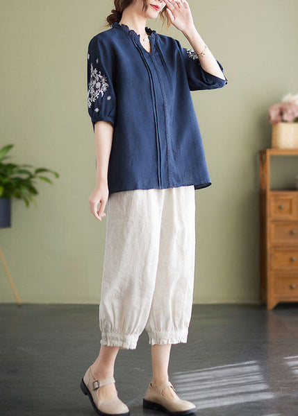 Plus Size Navy Embroideried Patchwork Wrinkled Linen Shirts Summer LY1498