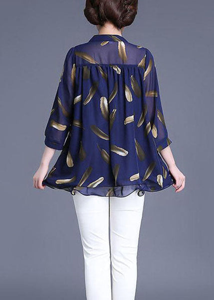 Plus Size Navy Print Wrinkled Patchwork Chiffon Blouse Tops Summer TQ1007