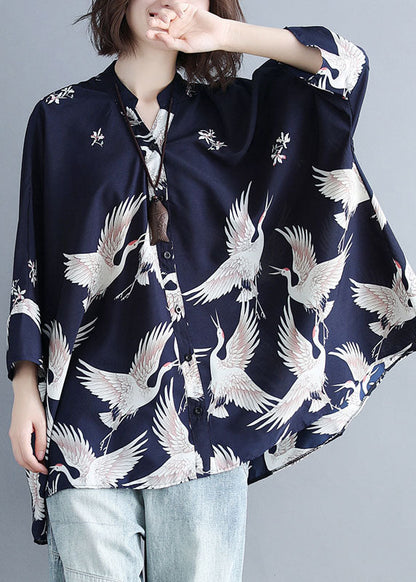 Plus Size Navy Stand Collar Oversized Print Chiffon Top Batwing Sleeve LY1496