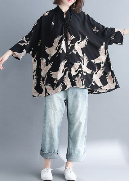 Plus Size Navy Stand Collar Oversized Print Chiffon Top Batwing Sleeve LY1496