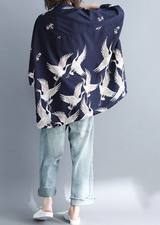 Plus Size Navy Stand Collar Oversized Print Chiffon Top Batwing Sleeve LY1496