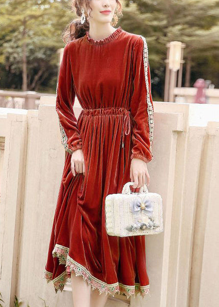 Plus Size Orange Cinched Patchwork Lace Silk Velour Long Dress Spring LY0676