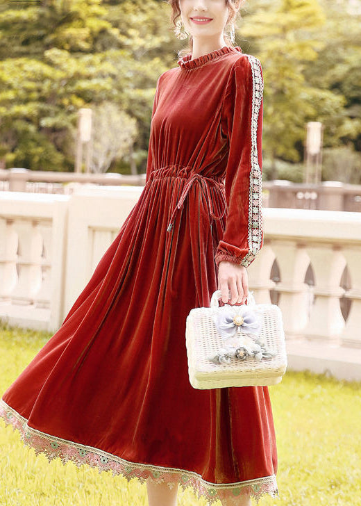 Plus Size Orange Cinched Patchwork Lace Silk Velour Long Dress AC3049