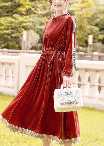 Plus Size Orange Cinched Patchwork Lace Silk Velour Long Dress Spring LY0676