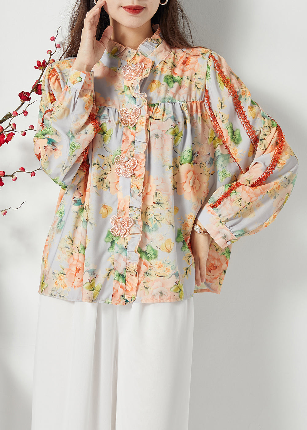 Plus Size Orange Ruffled Print Chiffon Shirt Top Spring LC0390