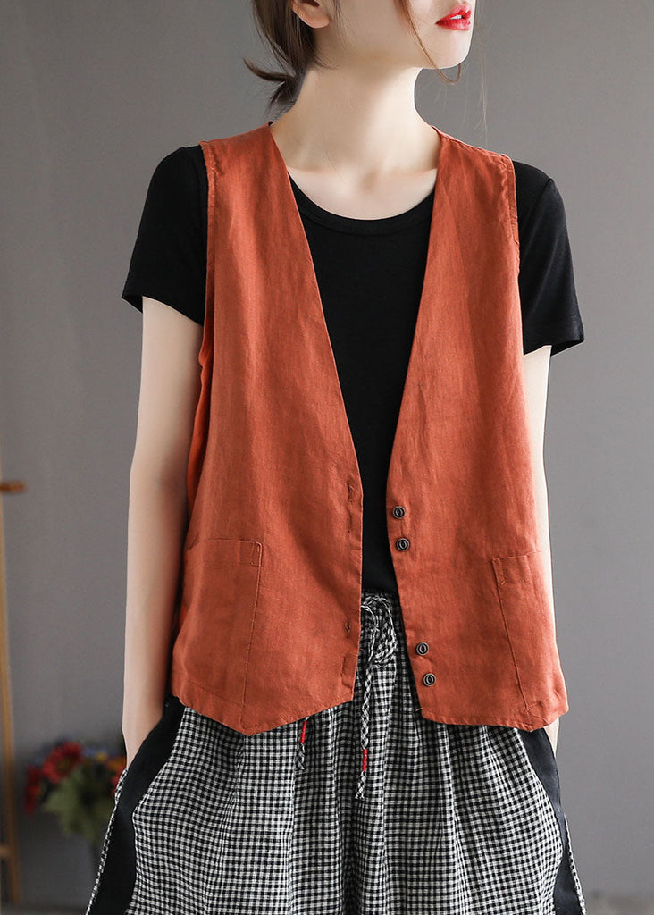 Plus Size Orange V Neck Pockets Linen Vest Tops Sleeveless TG1006
