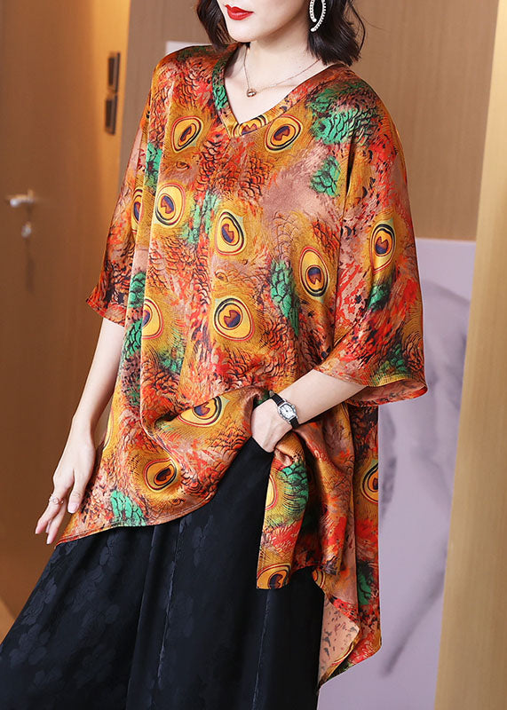 Plus Size Peacock Print V Neck Patchwork Silk Shirt Top Summer TF1041