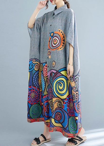 Plus Size Peter Pan Collar Print Button Cotton Long Shirts Dress AC2039